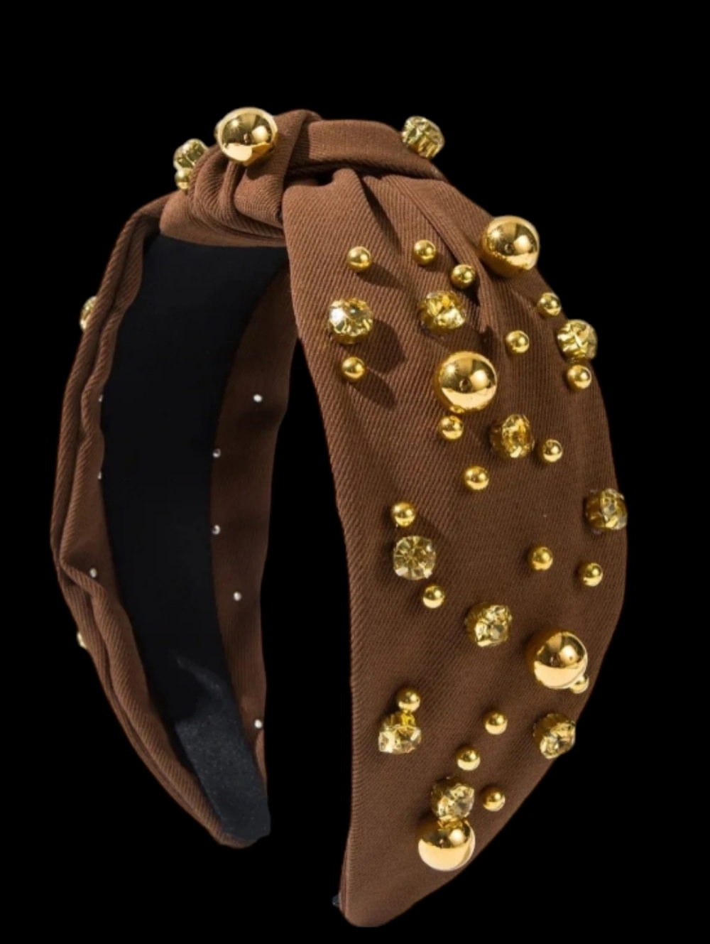 🪮🆕Embellished Brown Knotted Headband with Gold Accent Gems